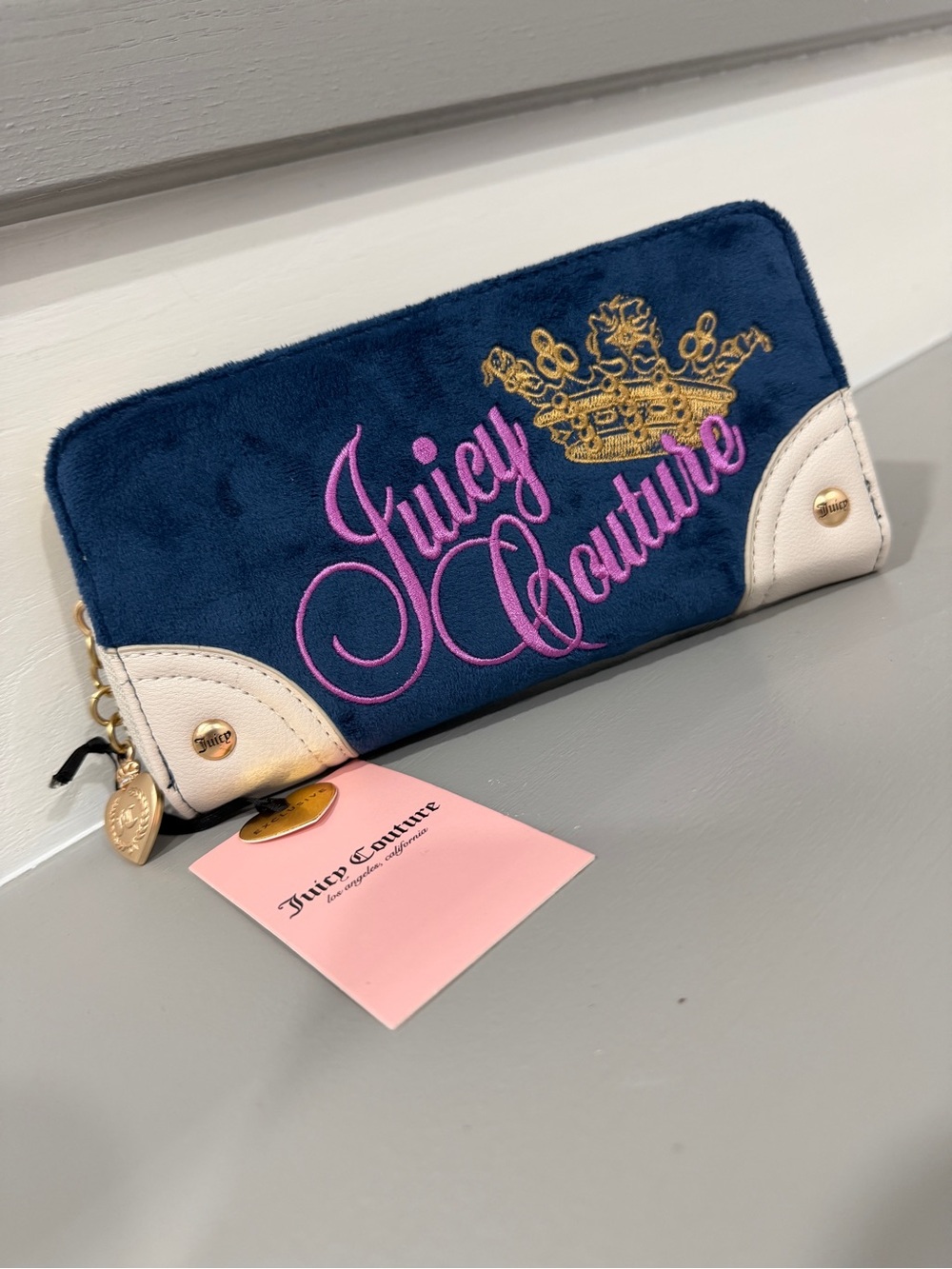 Juicy Couture Navy Plush Zip-Around Wallet with Pink Script & Gold Crown